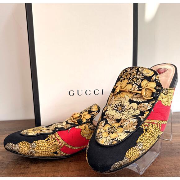 GUCCI Princeton Horsebit Canvas Mules Black Gold Sz 38.5 US 8 Luxury Designer - Picture 1 of 8